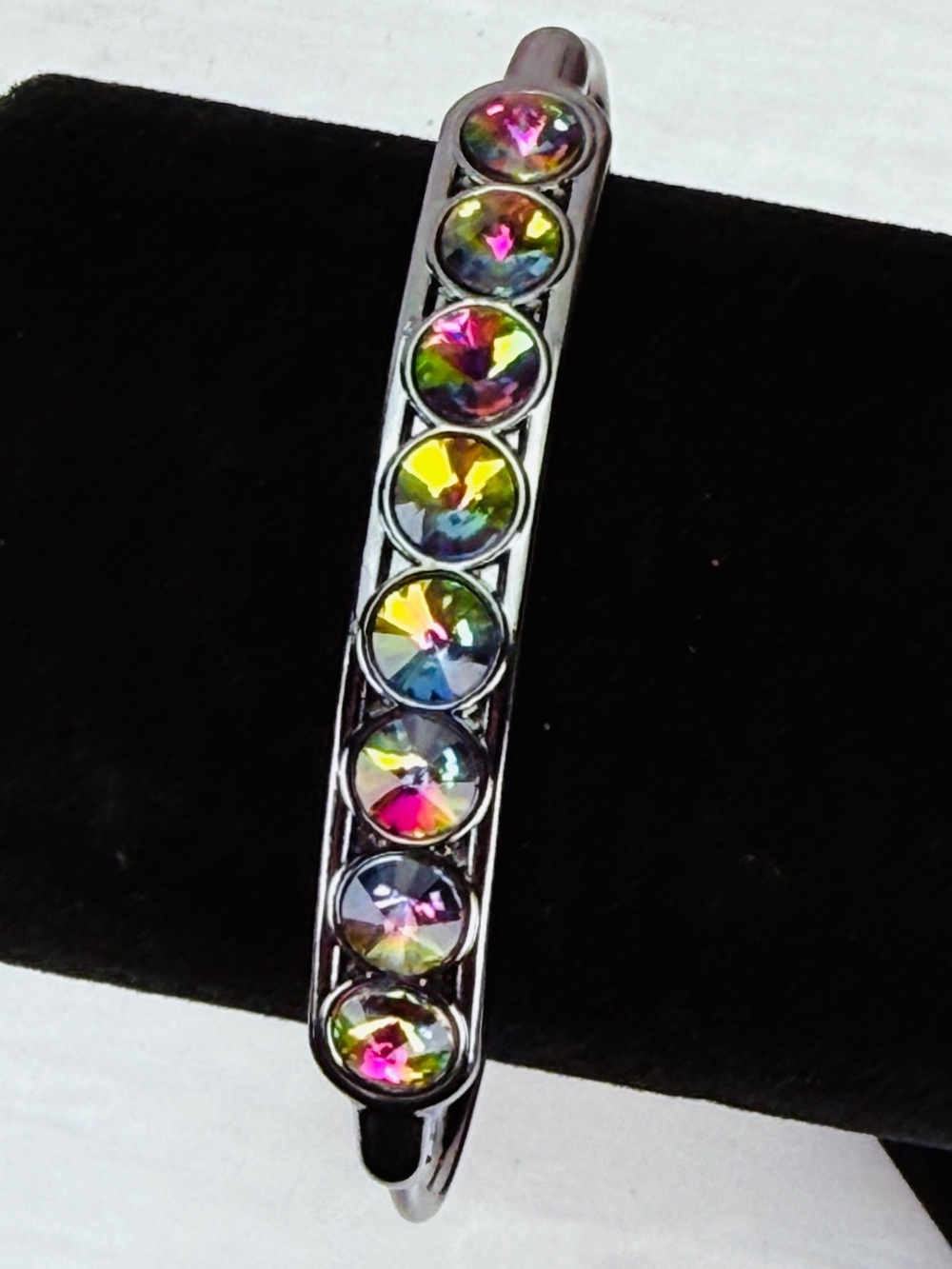 Beautiful iridescent bling, gunmetal tone, costume cuff bracelet